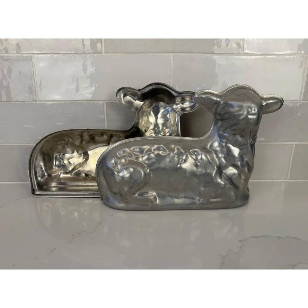 Vintage Lamb Cake Mold 3D Two Piece Cast Aluminum Silver Easter Farmhouse Decor